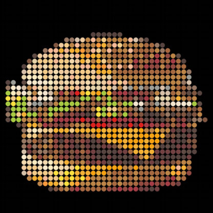 Oil painting on canvas, 100cm x 100cm “McDonald's Quarter Pounder with Cheese Deluxe” Bright expressive painting of pop culture food. The classic quarter pounder burger in the optical style of Dimitri Likissas