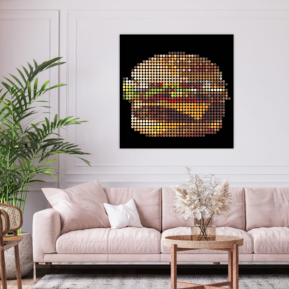 Oil painting on canvas, 100cm x 100cm “McDonald's Quarter Pounder with Cheese Deluxe” Bright expressive painting of pop culture food. The classic quarter pounder burger in the optical style of Dimitri Likissas